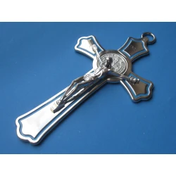 Krzyż metalowy z medalem Św.Benedykta 20 cm błękitny JB